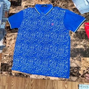 Carolina Herrera Men's M Blue White Flowery Abstract Short Sleeve Polo Shirt